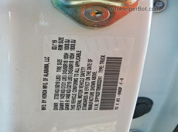 5FPYK3F70KB033241 2019 HONDA RIDGELINE Белый Вид подкапотного пространства