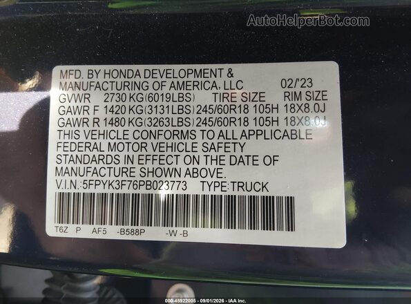 5FPYK3F76PB023773 2023 HONDA RIDGELINE Blue Vista del compartimento del motor