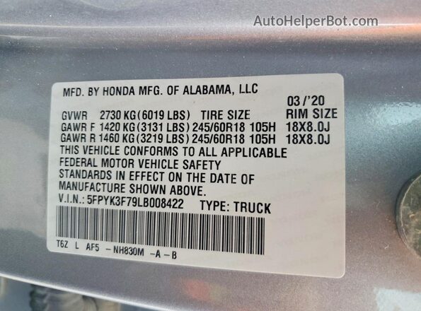 5FPYK3F79LB008422 2020 HONDA RIDGELINE Серебряный Вид наклейки с VIN-кодом