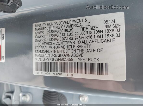 5FPYK3F82RB020655 2024 HONDA RIDGELINE Light Blue Widok komory silnika