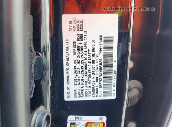 5FPYK3F84KB034630 2019 HONDA RIDGELINE Black Widok komory silnika