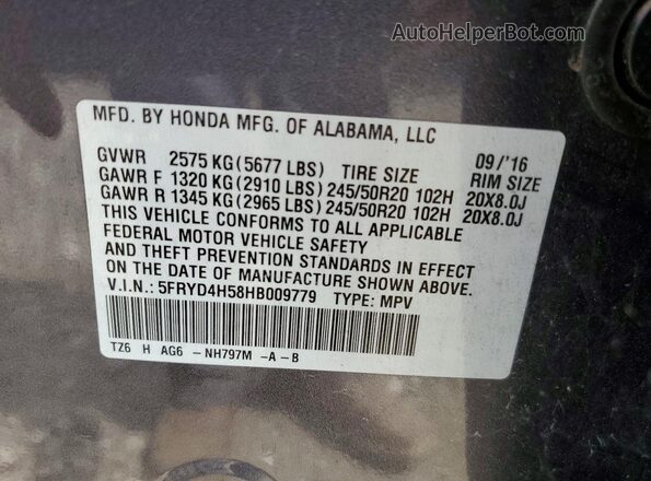 5FRYD4H58HB009779 2017 ACURA MDX Silver VIN կոդի պիտակի տեսք