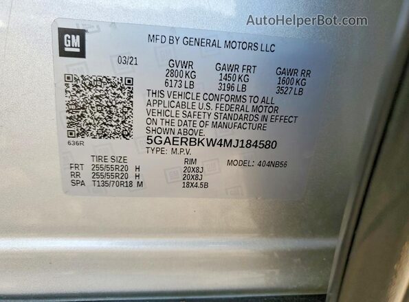 5GAERBKW4MJ184580 2021 BUICK ENCLAVE Silver Вид наклейки з VIN-кодом