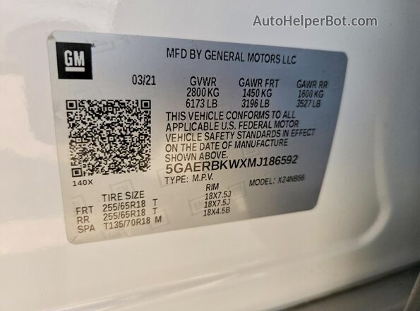 5GAERBKWXMJ186592 2021 BUICK ENCLAVE White Widok wnętrza 360 stopni