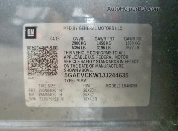 5GAEVCKW1JJ244635 2018 BUICK ENCLAVE Серый Вид наклейки с VIN-кодом