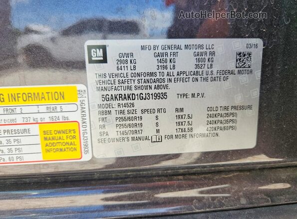 5GAKRAKD1GJ319935 2016 BUICK ENCLAVE Charcoal Widok naklejki z numerem VIN