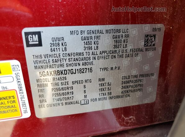 5GAKRBKD7GJ182716 2016 BUICK ENCLAVE Burgundy Vista de la etiqueta del VIN