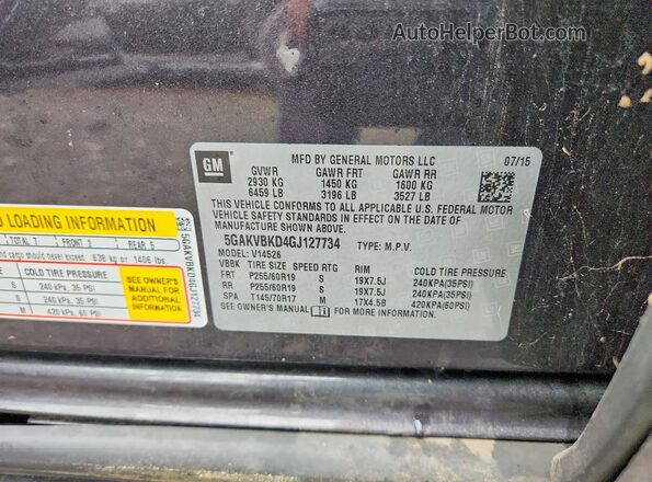 5GAKVBKD4GJ127734 2016 BUICK ENCLACV Gray VIN კოდის სტიკერის ხედი