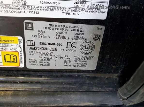 5GAKVCKD5HJ152892 2017 BUICK ENCLAVE Black Widok wnętrza 360 stopni
