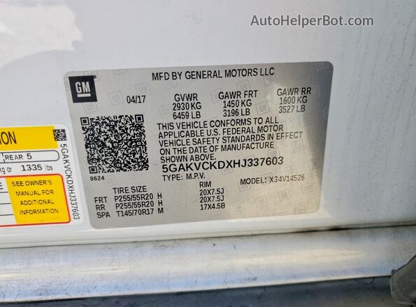 5GAKVCKDXHJ337603 2017 BUICK ENCLAVE White Панорамний вид салону 360°