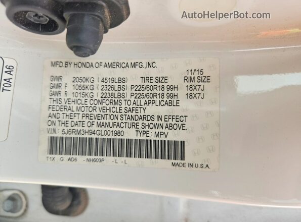 5J6RM3H94GL001980 2016 HONDA CR-V White Vista del compartimento del motor