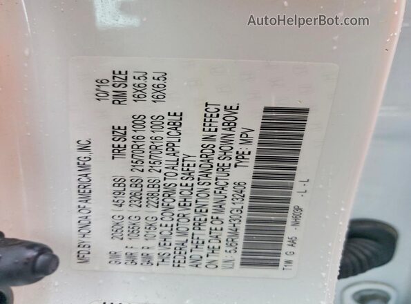 5J6RM4H30GL132406 2016 HONDA CR-V White Widok naklejki z numerem VIN