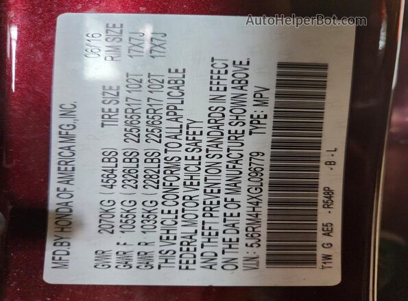 5J6RM4H4XGL096779 2016 HONDA CR-V Maroon Vista de la etiqueta del VIN