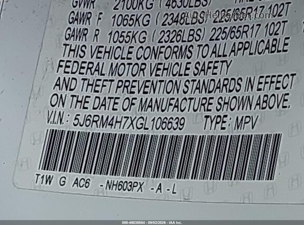 5J6RM4H7XGL106639 2016 HONDA CR-V White Widok komory silnika