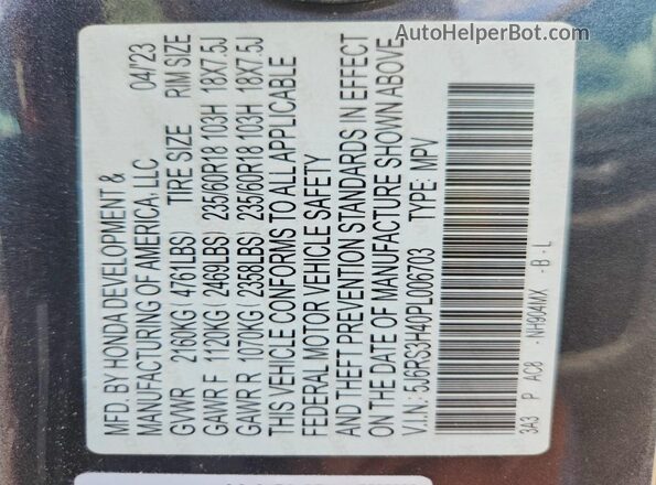 5J6RS3H40PL006703 2023 HONDA CR-V Gray VIN կոդի պիտակի տեսք