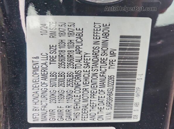 5J6RS6H84SL022285 2025 HONDA CR-V White VIN sticker view