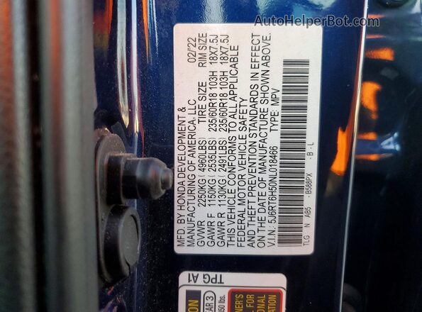 5J6RT6H50NL018466 2022 HONDA CR-V Blue Vista del compartimento del motor