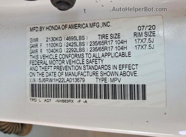 5J6RW1H22LA013679 2020 HONDA CR-V White Շարժիչի բաժամունքի տեսք