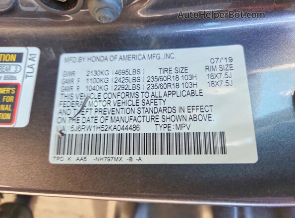 5J6RW1H52KA044486 2019 HONDA CR-V Charcoal Vista de la etiqueta del VIN