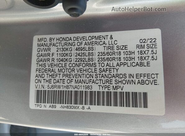 5J6RW1H87NA011983 2022 HONDA CR-V Silver Շարժիչի բաժամունքի տեսք