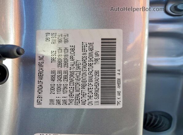 5J6RW2H52KA012580 2019 HONDA CR-V Silver VIN կոդի պիտակի տեսք