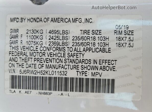 5J6RW2H52KL011532 2019 HONDA CR-V White Widok wnętrza 360 stopni