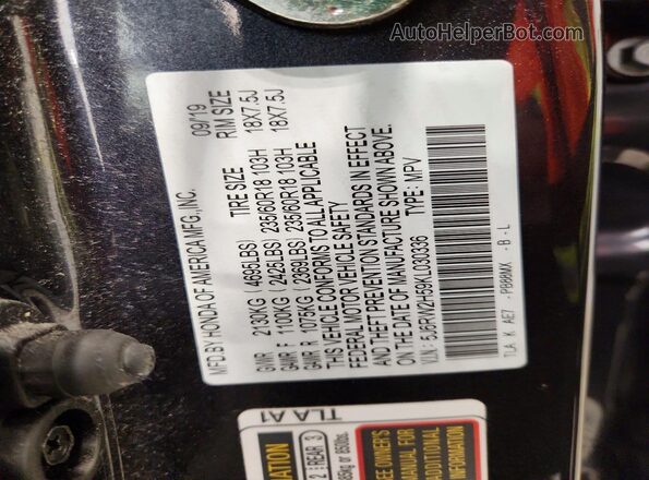 5J6RW2H59KL030336 2019 HONDA CR-V Gray Widok naklejki z numerem VIN