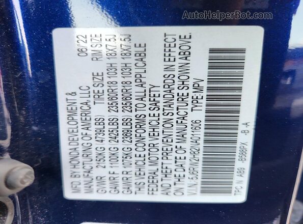 5J6RW2H82NA011606 2022 HONDA CR-V Blue VIN sticker view