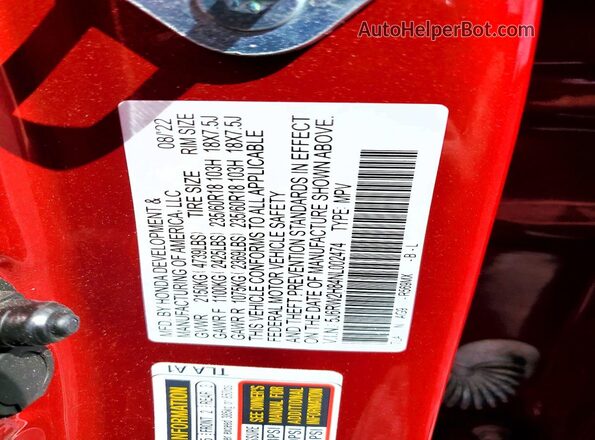 5J6RW2H84NL002474 2022 HONDA CR-V Red Вид наклейки з VIN-кодом