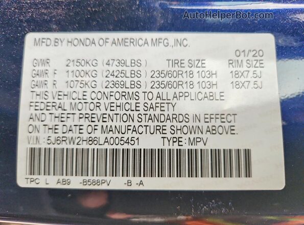 5J6RW2H86LA005451 2020 HONDA CR-V Blue VIN կոդի պիտակի տեսք