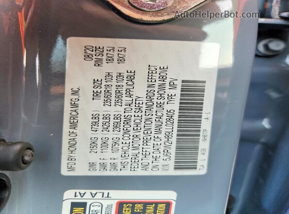 5J6RW2H89LL028405 2020 HONDA CR-V Серый Вид наклейки с VIN-кодом