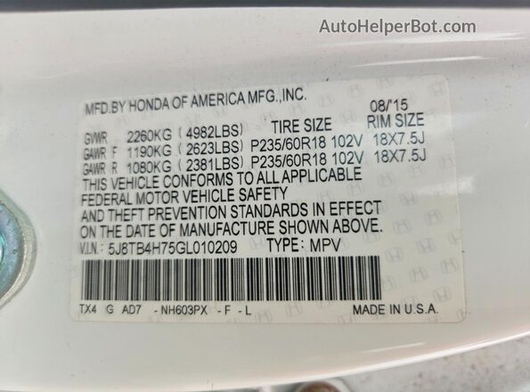 5J8TB4H75GL010209 2016 ACURA RDX White VIN կոդի պիտակի տեսք