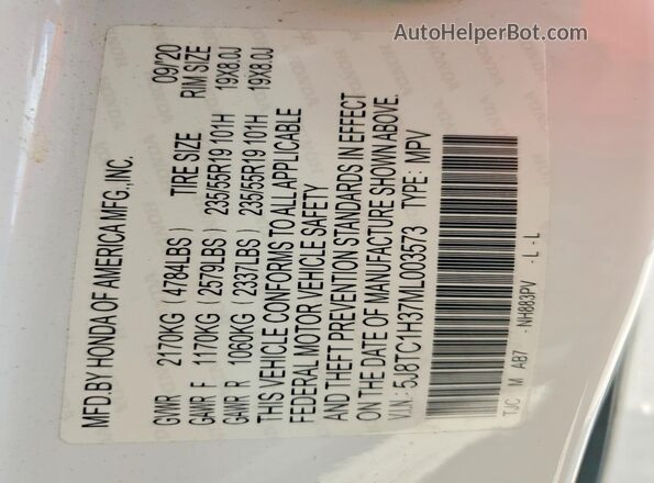 5J8TC1H37ML003573 2021 ACURA RDX Белый Вид наклейки с VIN-кодом