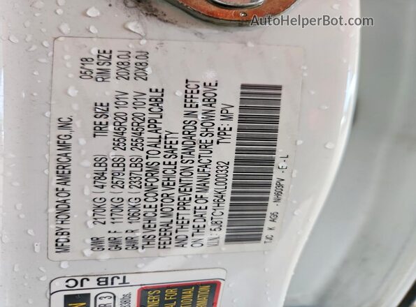 5J8TC1H64KL000332 2019 ACURA RDX White Widok komory silnika