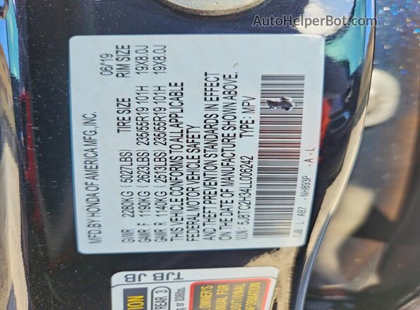 5J8TC2H34LL006242 2020 ACURA RDX Black VIN sticker view