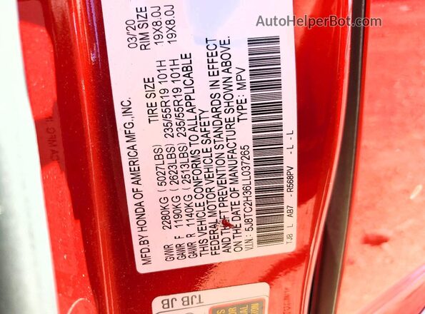 5J8TC2H36LL037265 2020 ACURA RDX Red VIN կոդի պիտակի տեսք