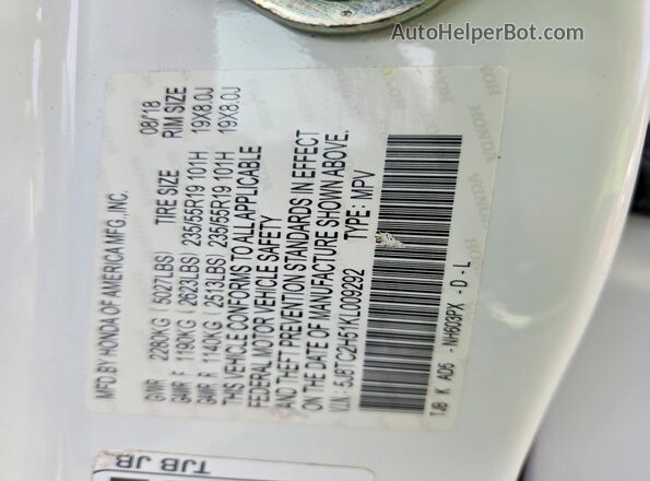 5J8TC2H51KL009292 2019 ACURA RDX White Vista de la etiqueta del VIN