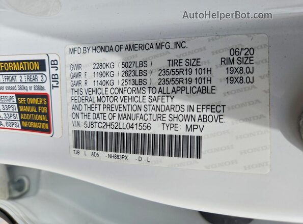 5J8TC2H52LL041556 2020 ACURA RDX White VIN sticker view