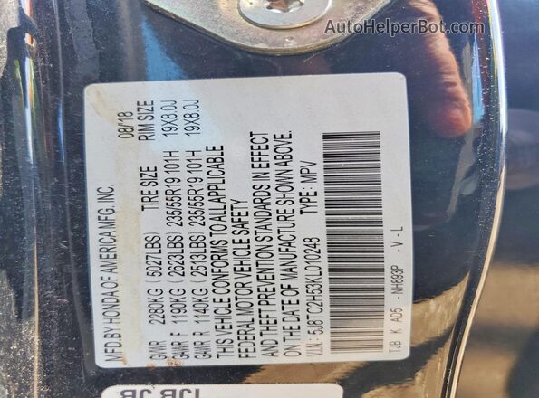5J8TC2H53KL010248 2019 ACURA RDX Black Widok naklejki z numerem VIN