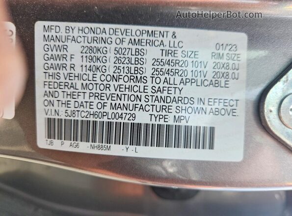 5J8TC2H60PL004729 2023 ACURA RDX Gray Widok naklejki z numerem VIN