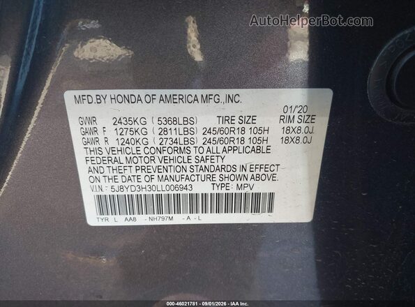 5J8YD3H30LL006943 2020 ACURA MDX Gray Շարժիչի բաժամունքի տեսք