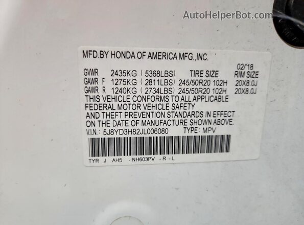 5J8YD3H82JL006080 2018 ACURA MDX White Вид наклейки з VIN-кодом