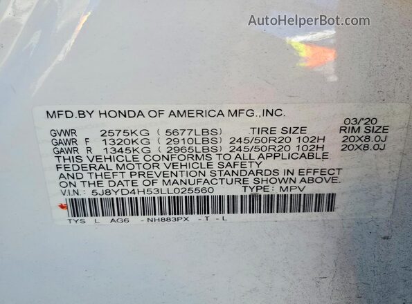 5J8YD4H53LL025560 2020 ACURA MDX Белый Вид наклейки с VIN-кодом