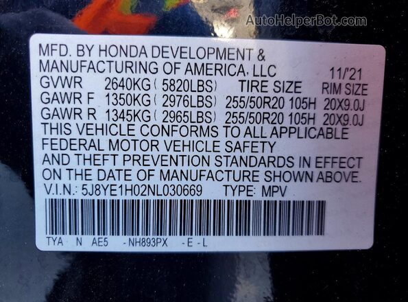 5J8YE1H02NL030669 2022 ACURA MDX Black VIN sticker view