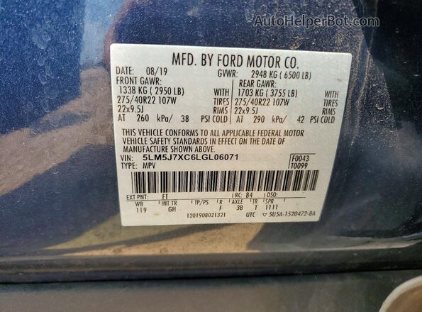 5LM5J7XC6LGL06071 2020 LINCOLN AVIATOR Blue Вид наклейки з VIN-кодом