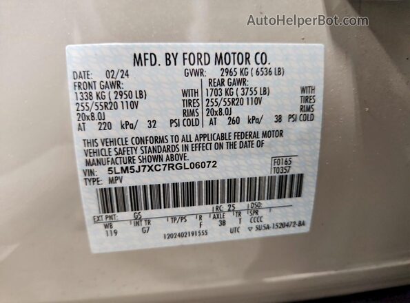 5LM5J7XC7RGL06072 2024 LINCOLN AVIATOR Желто-коричневый Вид наклейки с VIN-кодом