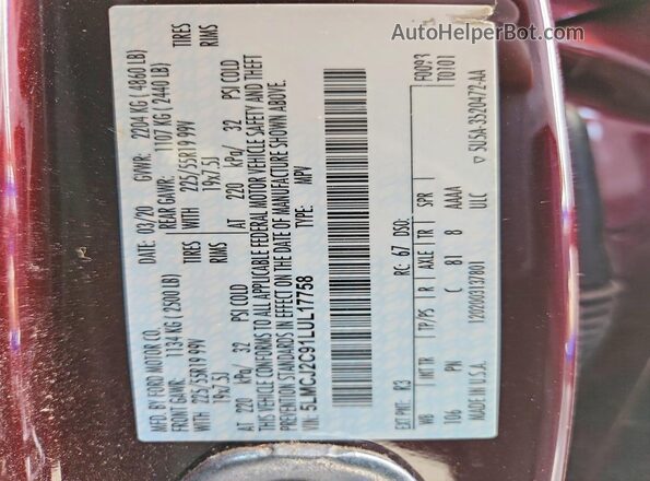 5LMCJ2C91LUL17758 2020 LINCOLN CORSAIR Burgundy Вид підкапотного простору