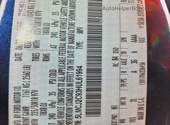 5LMCJ2C93HUL61994 2017 LINCOLN MKC Blue VIN კოდის სტიკერის ხედი