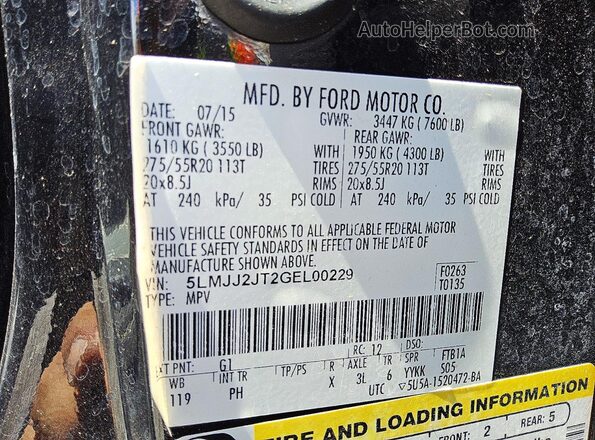 5LMJJ2JT2GEL00229 2016 LINCOLN NAVIGATOR Черный Вид наклейки с VIN-кодом