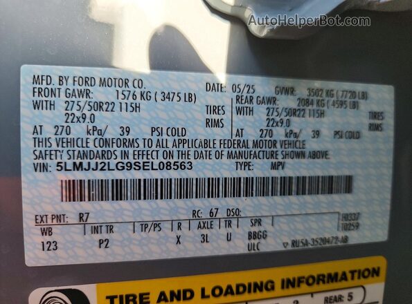 5LMJJ2LG9SEL08563 2025 LINCOLN NAVIGATOR Gray Vista de la etiqueta del VIN